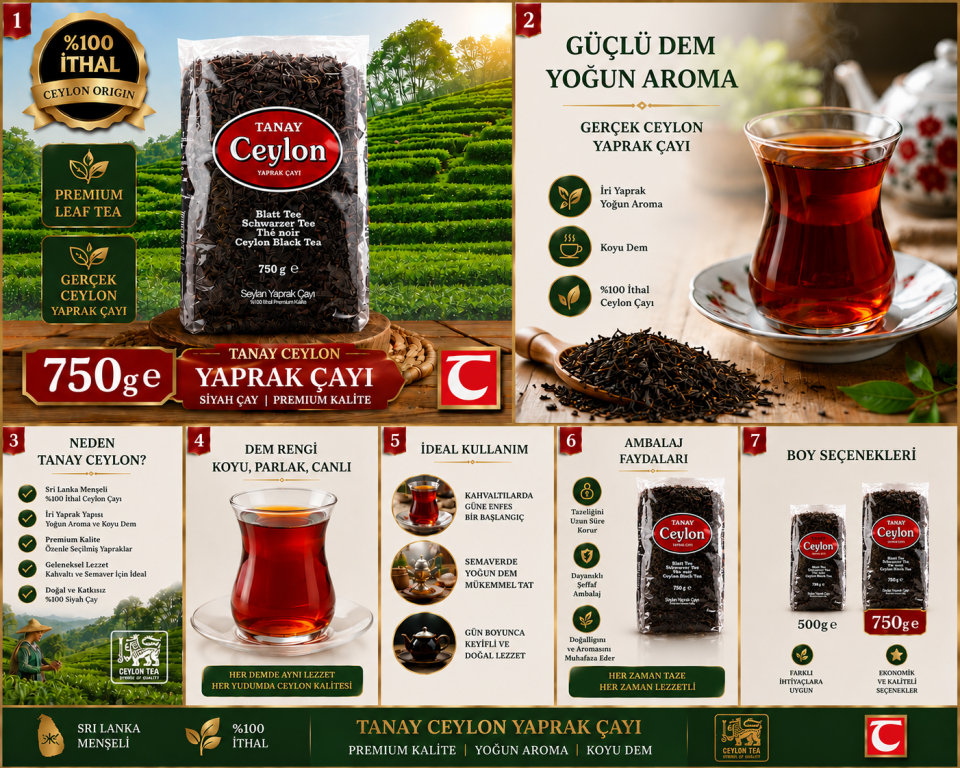 TANAY Ceylon İthal Sri Lanka Siyah Yaprak Seylan Çayı Kaçak Çay 750 gr