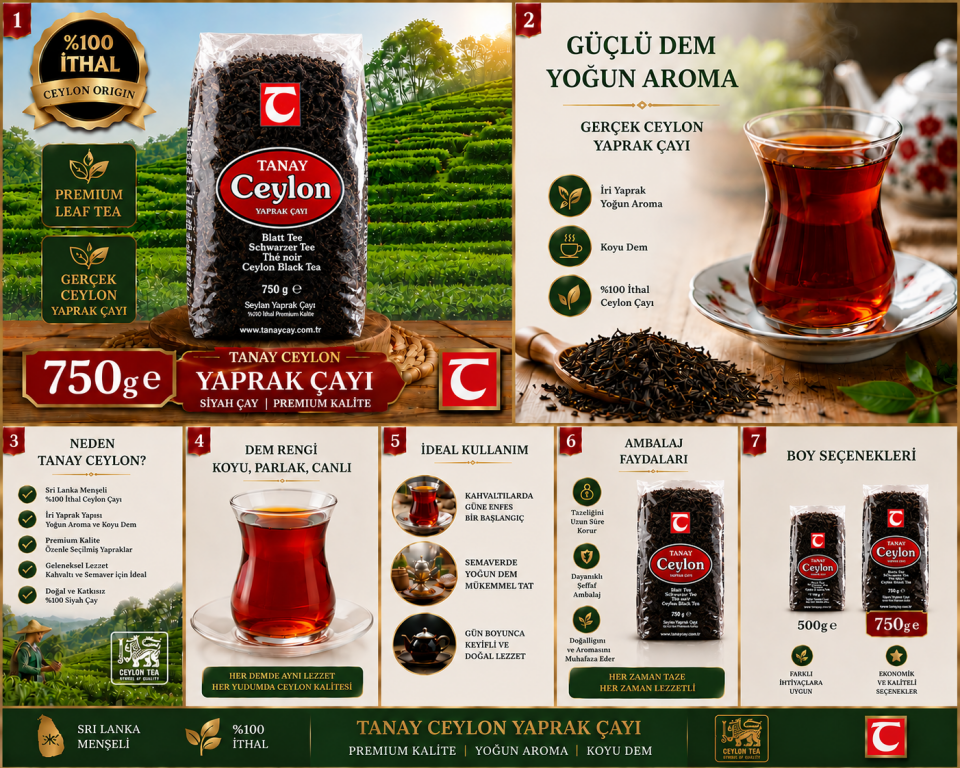 TANAY Ceylon İthal Sri Lanka Siyah Yaprak Seylan Çayı Kaçak Çay 750 gr